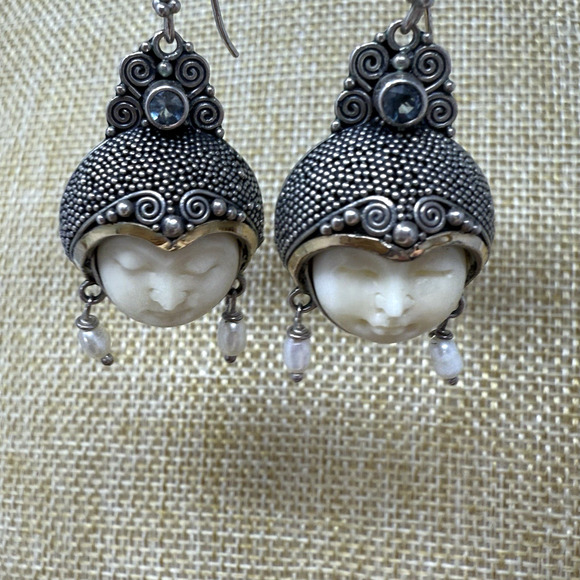 Unique NF Goddess 14K Gold Accent and Sterling Silver Carved Face Earrings - Picture 7 of 7